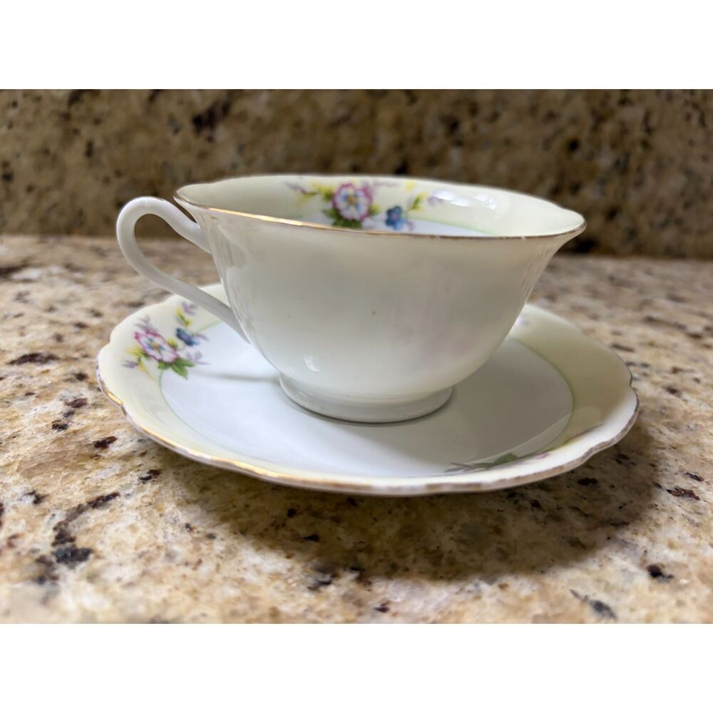 Chikaramachi Porcelain Made in Japan Teacup and Saucer Soft Yellow with Florals